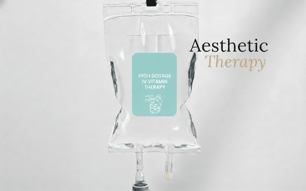 High dosage IV vitamin therapy bag with Aesthetic Therapy branding