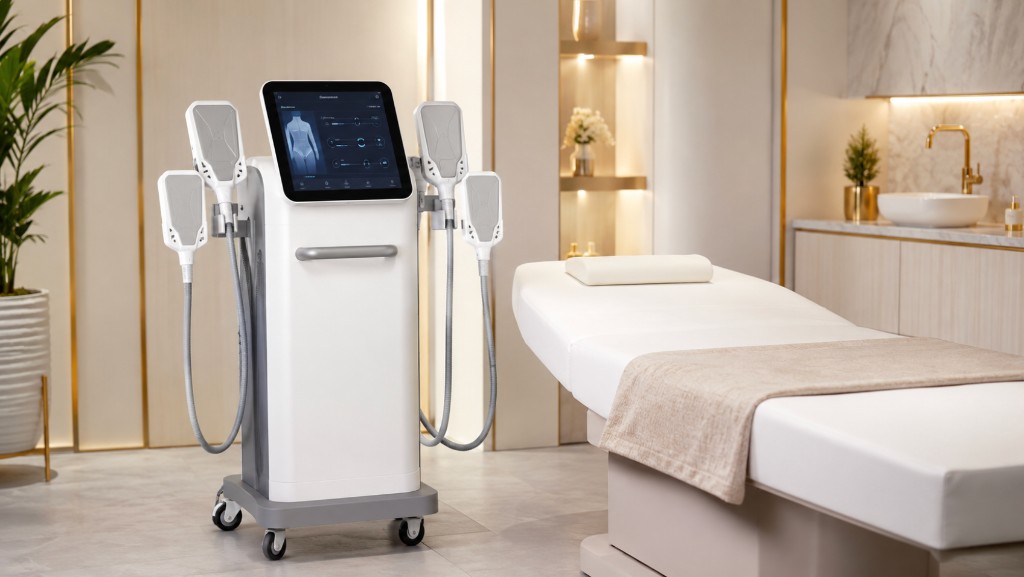 Body sculpting and EMS therapy equipment in treatment room